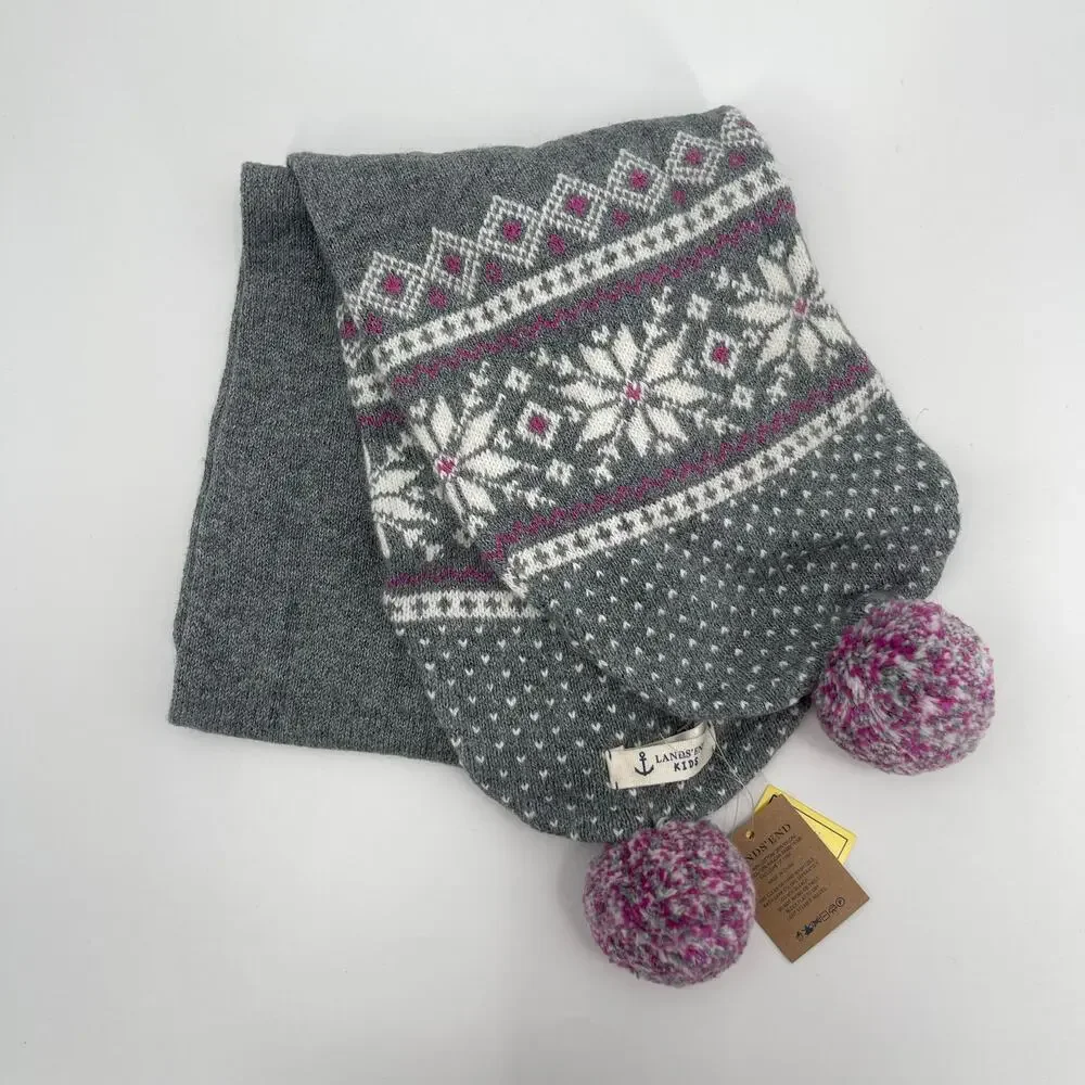 LANDS END Kids Scarf Wool Angora Rabbit Hair Blend NWT Gray Fair Isle Snowflakes
